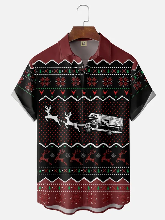 Moisture-wicking Christmas Elk Car Snowflake Chest Pocket Casual Shirt