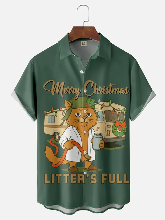 Moisture Wicking Crazy Christmas Vacation Eddie Cat Chest Pocket Hawaiian Shirt