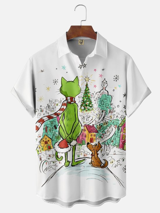 Moisture Wicking Christmas Atmosphere Landscape Animals Chest Pocket Holiday Shirt