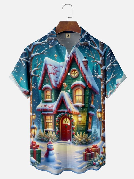 Moisture Wicking Christmas-themed House Snowman Chest Pocket Hawaiian Shirt