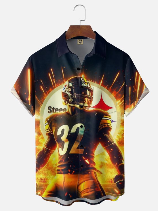 Moisture-wicking American Football Pittsburgh Art Steelers Chest Pocket Casual Shirt