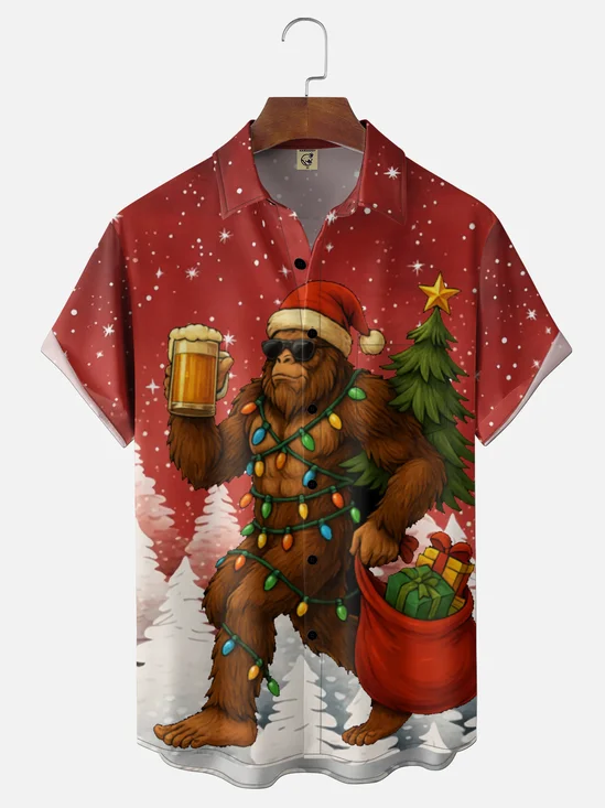 Moisture Wicking Christmas Beer Bigfoot Chest Pocket Hawaiian Shirt