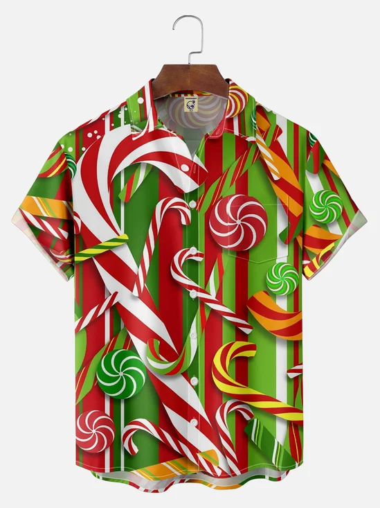 Big Size Moisture-wicking Christmas Candy Canes Pocket Casual Shirt