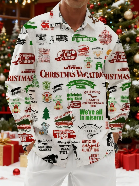 Moisture Wicking Christmas Story Chest Pocket Hawaiian Long Sleeve Shirt