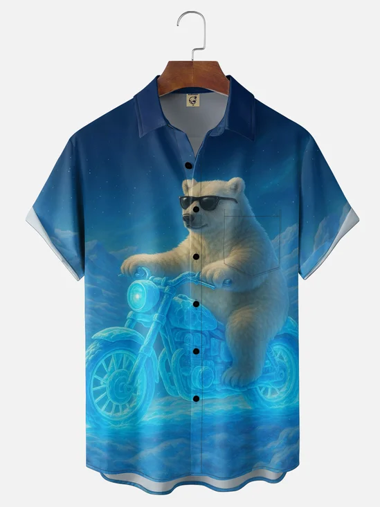 Moisture Wicking Fun Polar Bear Retro Motorcycle Chest Pocket Holiday Hawaiian Shirt