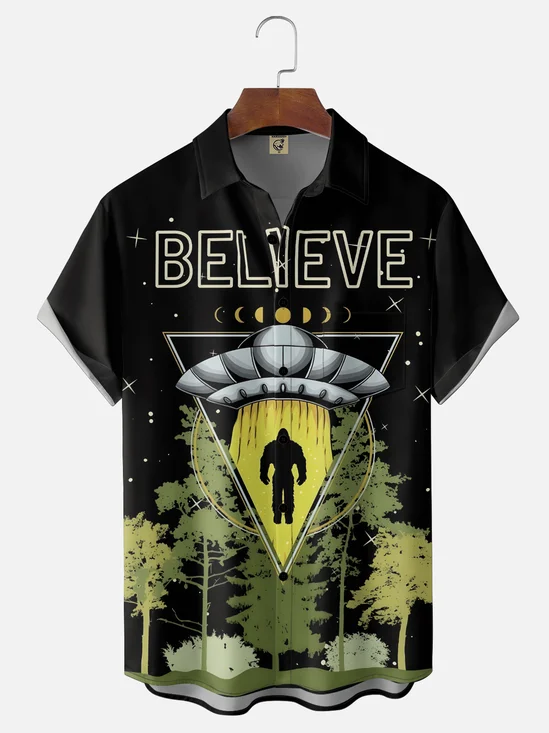 Moisture-wicking Believe UFO Bigfoot Chest Pocket Hawaiian Shirt