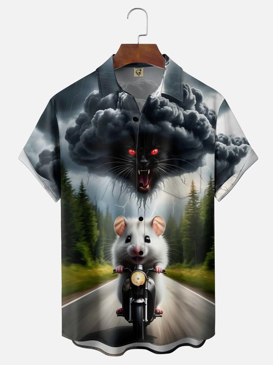 Moisture Wicking  Funny Cat and Mouse Chase Chest Pocket Holiday  Hawaiian Shirt