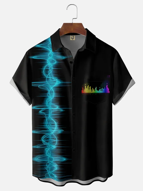 Moisture-wicking Music Art Rhythm Note Music Festival Chest Pocket Bowling Shirt