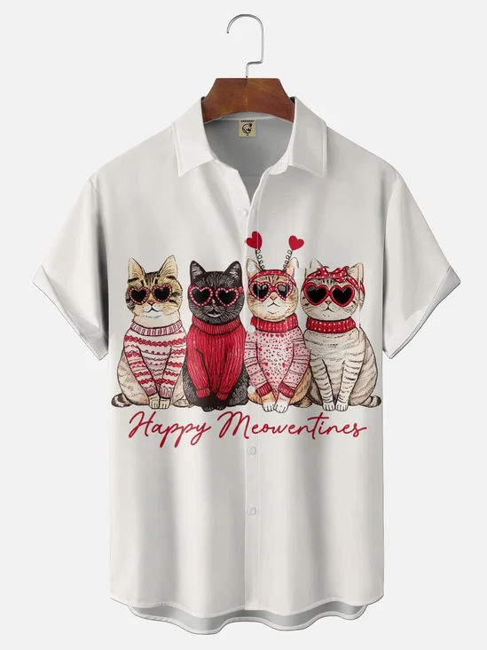 Moisture-wicking Happy Meowentine Cat Valentine's Day Chest Pocket Casual Shirt