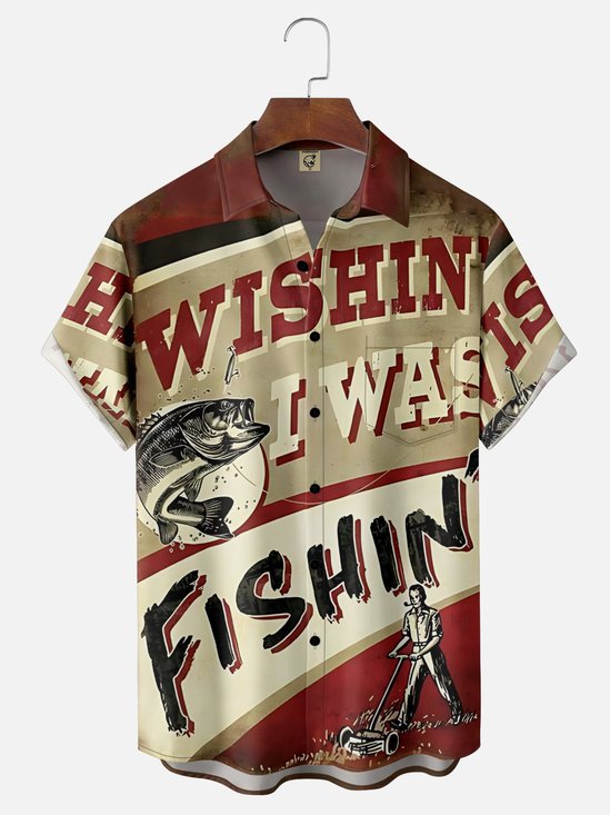 Moisture Wicking Gradient Abstract Fishing Lettering Chest Pocket Holiday Shirt