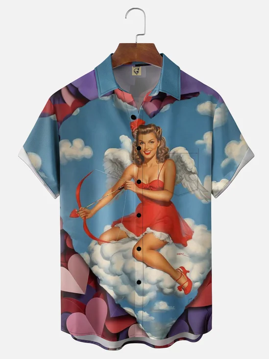 Moisture-wicking Valentine's Day Cupid's Beauty Heart Chest Pocket Casual Shirt