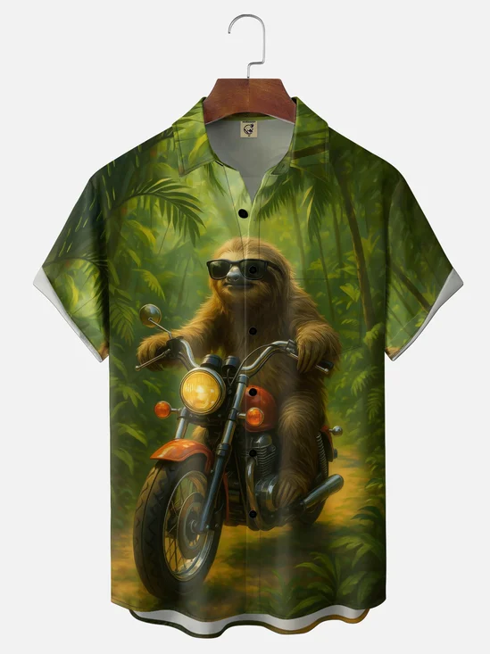 Moisture Wicking Retro Sloth Motorcycle Chest Pocket Holiday Shirt