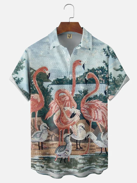 Moisture-wicking Flamingo Mosaic Art Chest Pocket Hawaiian Shirt
