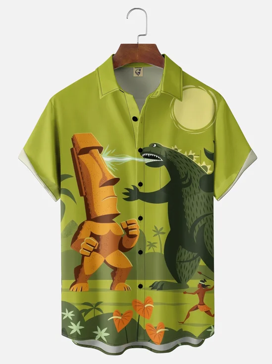 Moisture Wicking Tiki PK Godzilla Chest Pocket Holiday Shirt