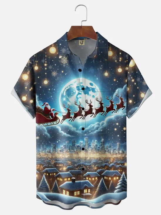 Moisture Wicking Gradient Santa Claus Reindeer Delivering Gifts from Above Chest Pocket Holiday Shirt