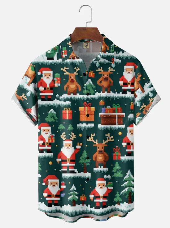Moisture Wicking Pixel Art Santa Claus Christmas Tee Reindeer Chest Pocket Holiday Shirt