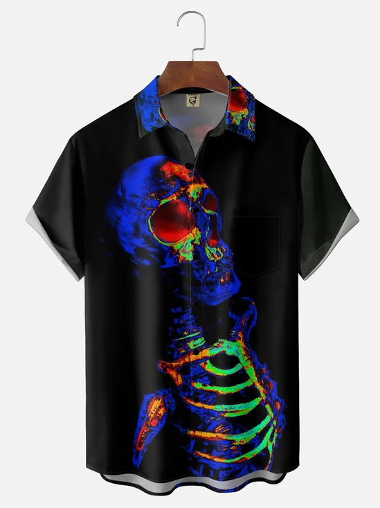 Moisture-wicking Rock Punk Skull Art Chest Pocket Casual Shirt