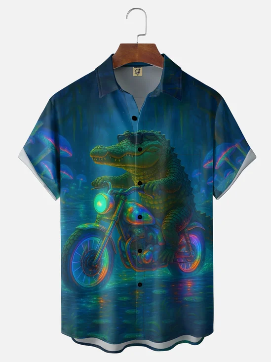 Moisture Wicking Retro Alligator Motorcycle Chest Pocket Holiday Shirt