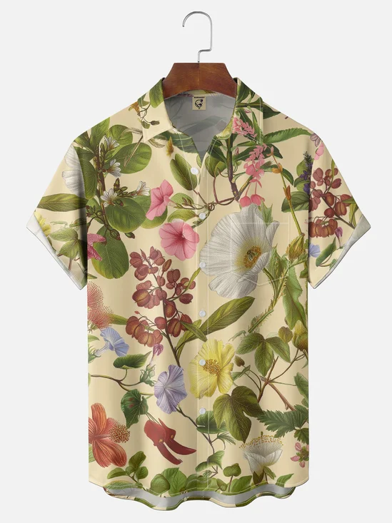 Moisture-wicking Vintage Floral Print Chest Pocket Hawaiian Shirt