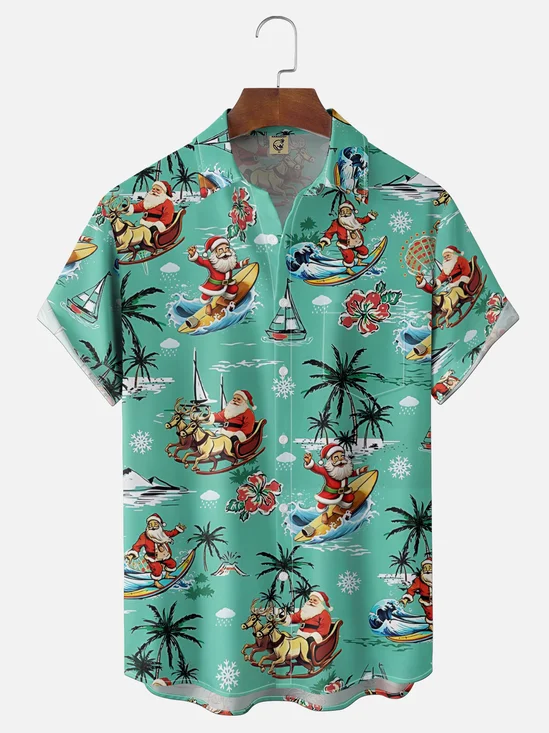 Moisture Wicking Santa Claus Beach Surfing Coconut Tree Chest Pocket Holiday Shirt