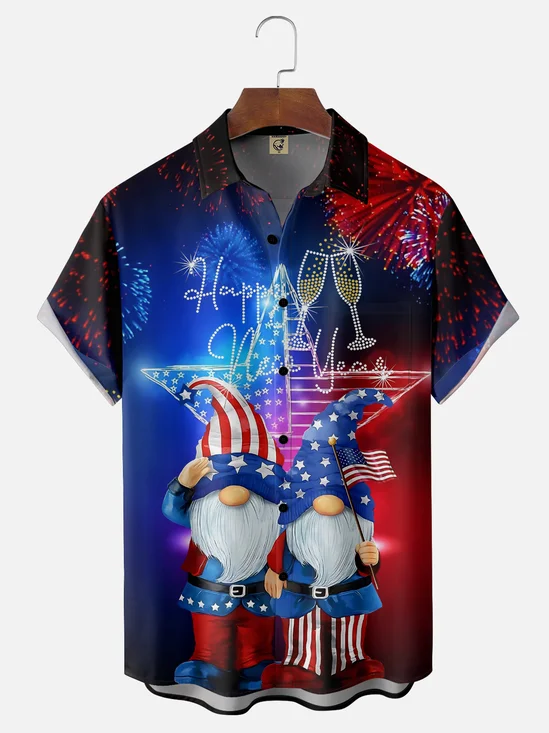 Moisture Wicking Happy New Year Gradient Fireworks Dwarf American Flag Chest Pocket Holiday Shirt