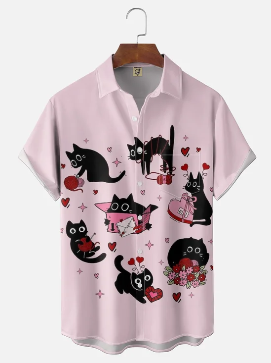 Moisture-wicking Valentine Cat Heart Chest Pocket Casual Shirt