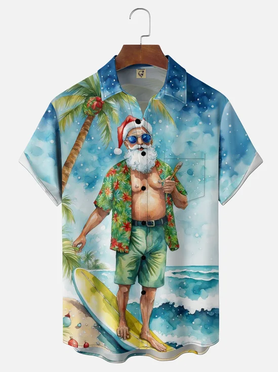 Moisture Wicking Watercolor Painting Coconut Tree Beach Hair Removal Santa Claus Chest Pocket Holiday Shirt