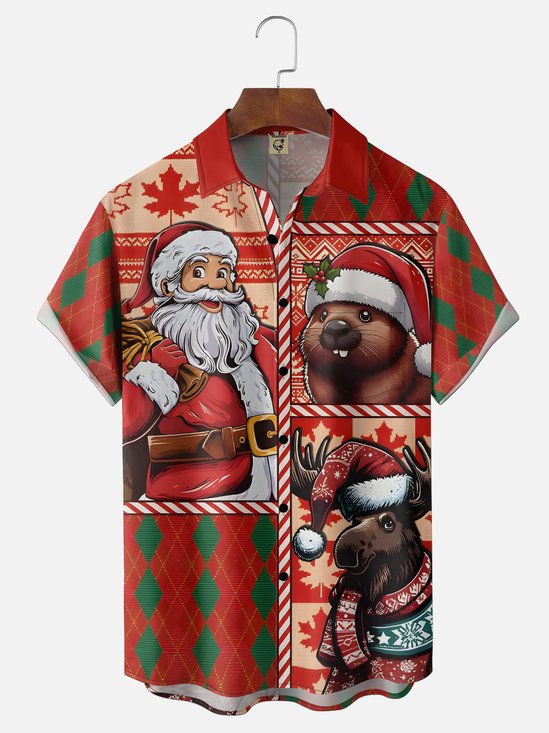 Moisture-wicking Canada Santa Claus Beaver Reindeer Chest Pocket Casual Shirt