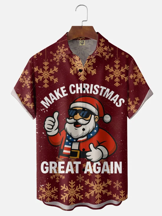 Moisture Wicking Santa Snowflakes Make Christmas Great Again Chest Pocket Holiday Shirt
