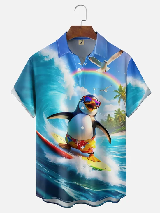 Moisture Wicking Funny Surfing Penguin Chest Pocket Holiday Shirt