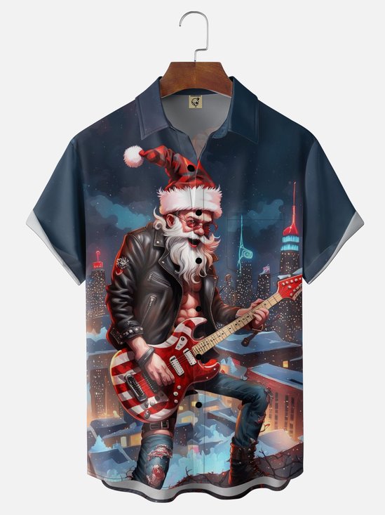 Moisture Wicking Rock Music Guitar Santa Claus Chest Pocket Holiday Shirt