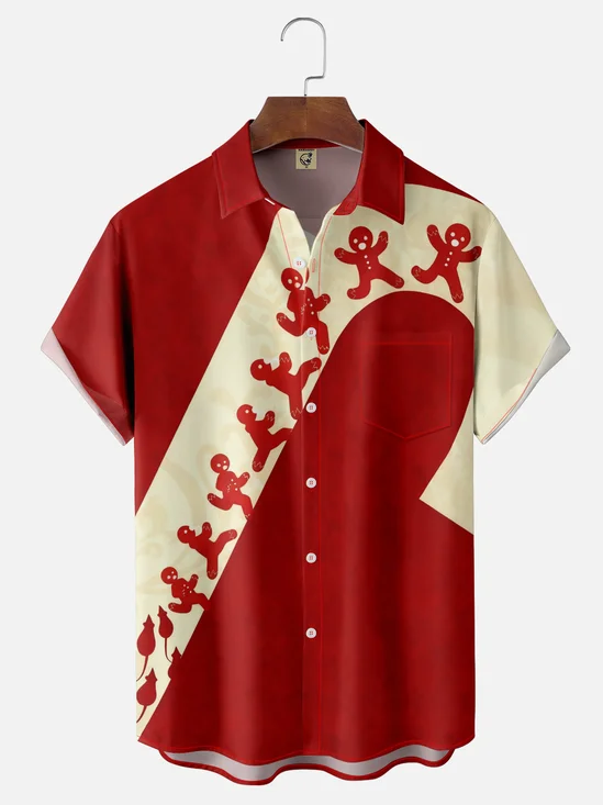 Moisture-wicking Christmas Candy Cane Gingerbread Man Chest Pocket Casual Shirt