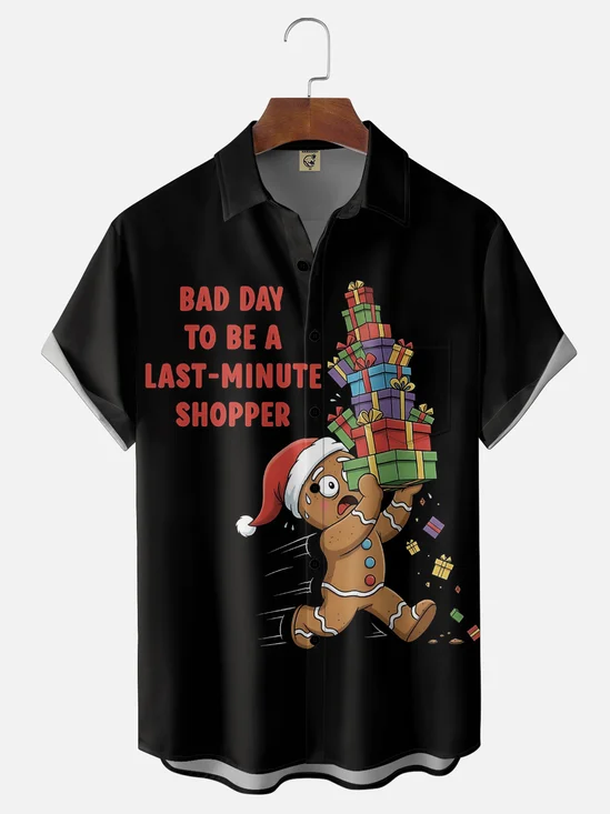 Moisture Wicking Gingerbread Man Rushing to Prepare Christmas Gifts Chest Pocket Holiday Shirt