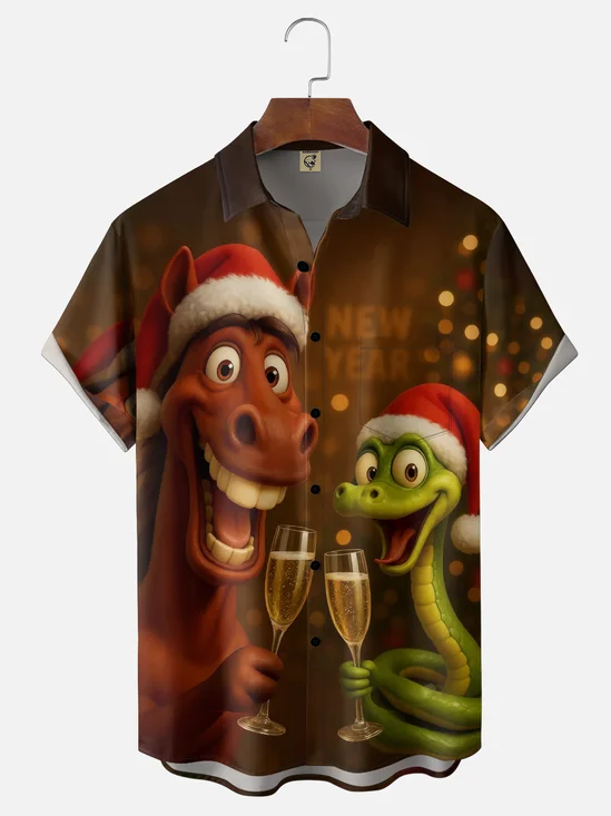 Moisture-wicking Christmas Happy New Year Horse Snake Chest Pocket Casual Shirt