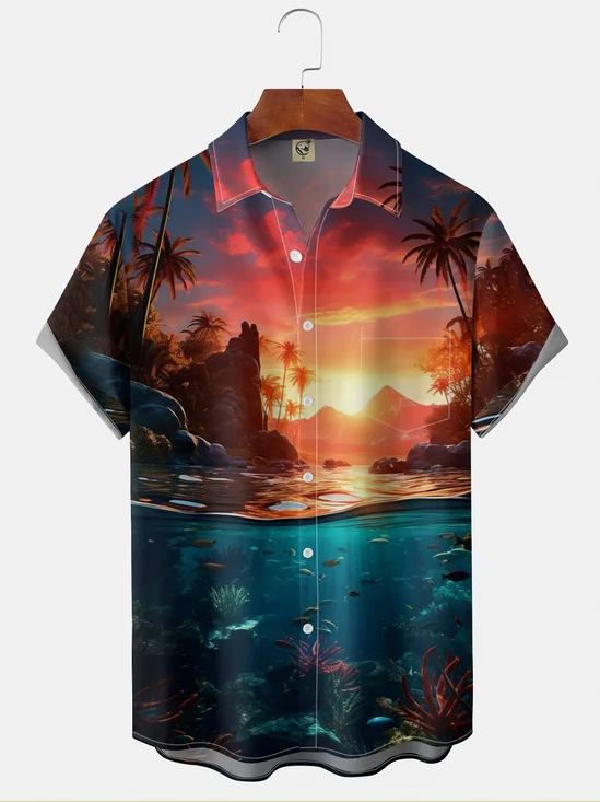 Moisture-wicking Dreamy Beach Sunset Scenery Chest Pocket Hawaiian Shirt