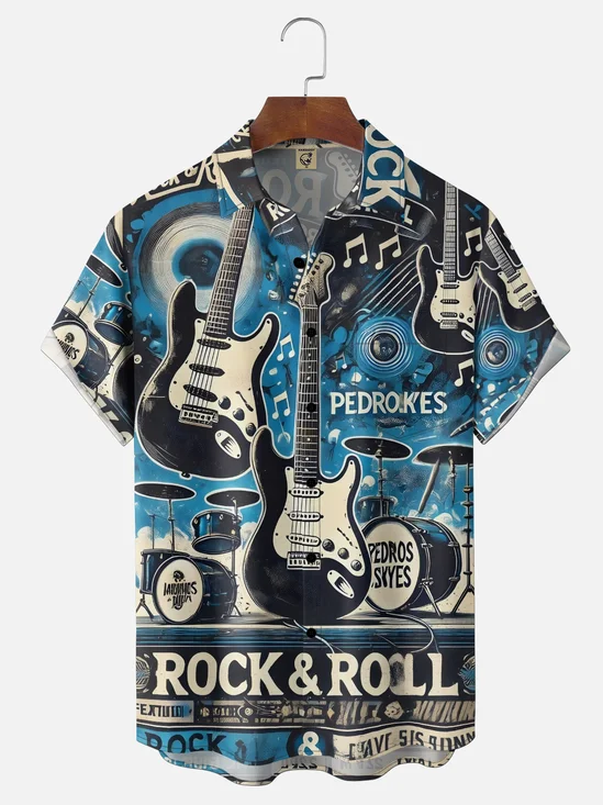 Moisture-wicking Rock Punk Music Festival Art Electric Guitar Chest Pocket Casual Shirt