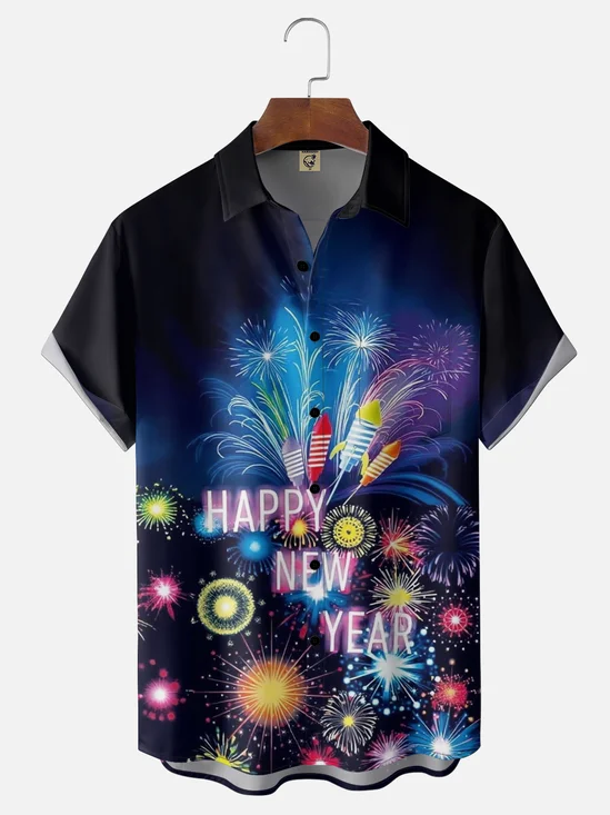 Moisture Wicking Happy New Year Chest Pocket Holiday Hawaiian Shirt