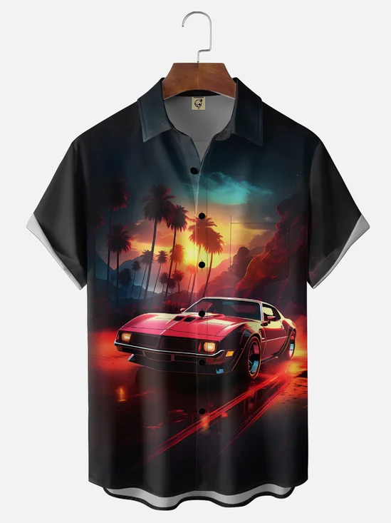 Moisture Wicking Sunset Scenery Vintage Car Vacation Chest Pocket Holiday Hawaiian Shirt
