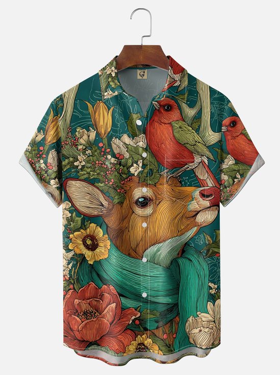 Moisture-wicking Reindeer and Bird Art Print Chest Pocket Hawaiian Shirt