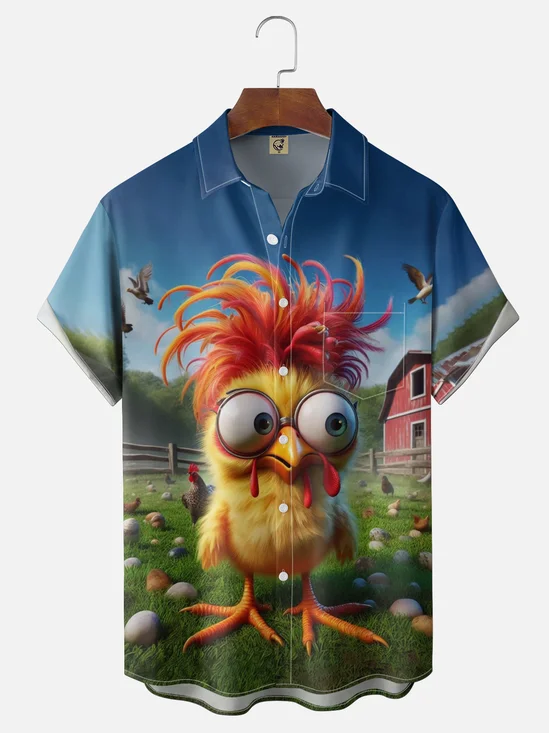 Moisture-wicking Big-Eyed Chicken Playful Print Chest Pocket Hawaiian Shirt