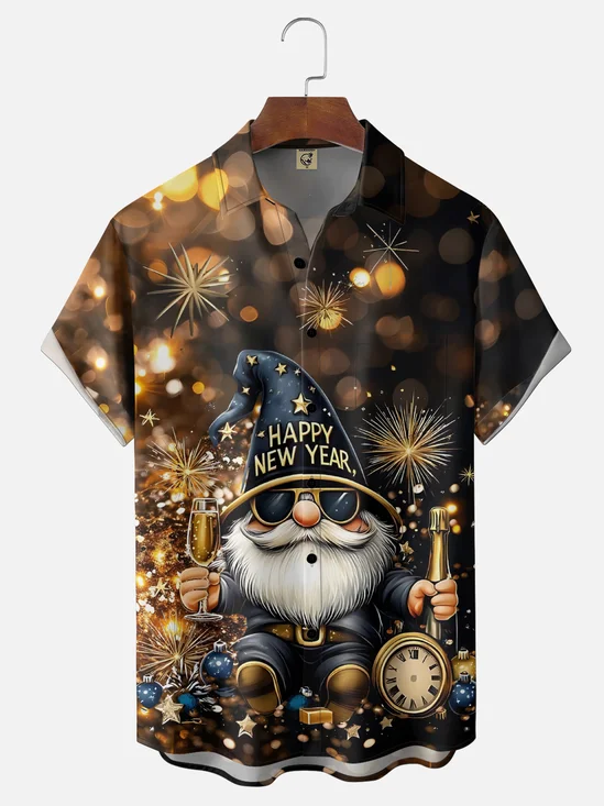 Moisture-wicking New Year Fireworks Gnome Fun Chest Pocket Casual Shirt