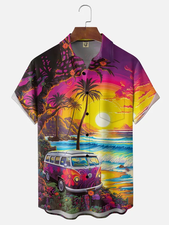 Moisture Wicking Sunset Scenery Vintage Car Vacation Chest Pocket Holiday Hawaiian Shirt