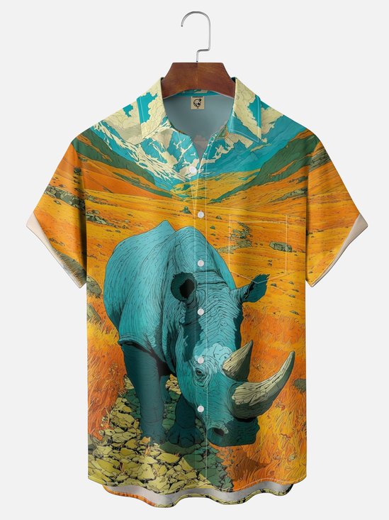 Moisture-wicking Rhino Landscape Art Painting Chest Pocket Hawaiian Shirt