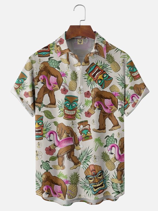 Moisture-wicking Bigfoot Flamingo Tiki Pineapple Flowers Chest Pocket Hawaiian Shirt
