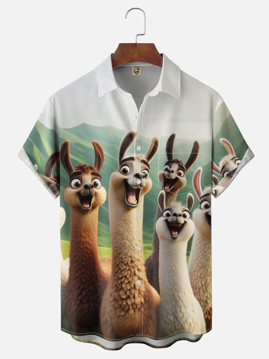 Moisture-wicking Alpaca Scream Fun Print Chest Pocket Hawaiian Shirt