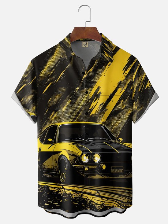 Moisture Wicking Retro Car Painting Chest Pocket Holiday Hawaiian Shirt
