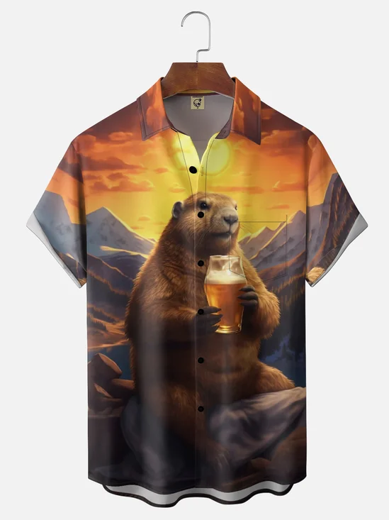 Moisture Wicking Groundhog Day Beer Chest Pocket Holiday Hawaiian Shirt