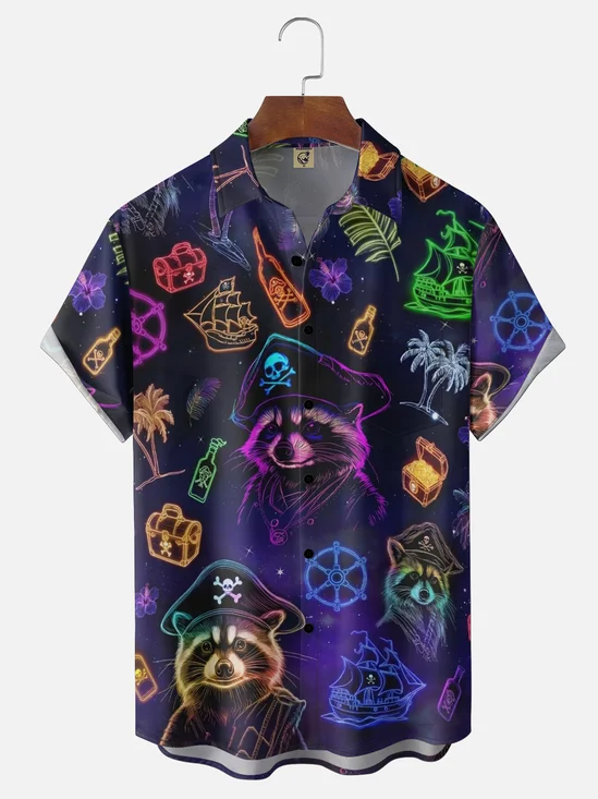 Moisture-wicking Raccoon Pirate Ship Coconut Tree Chest Pocket Hawaiian Shirt