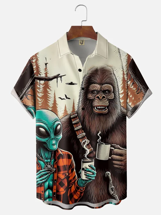 Moisture-wicking Bigfoot and Alien Coffee Chest Pocket Hawaiian Shirt