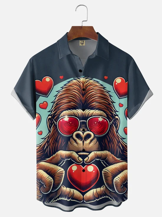 Moisture-wicking Valentine's Day Bigfoot Fun Heart Chest Pocket Casual Shirt